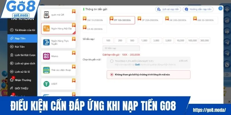 Điều kiện người chơi cần đáp ứng khi nạp tiền GO8